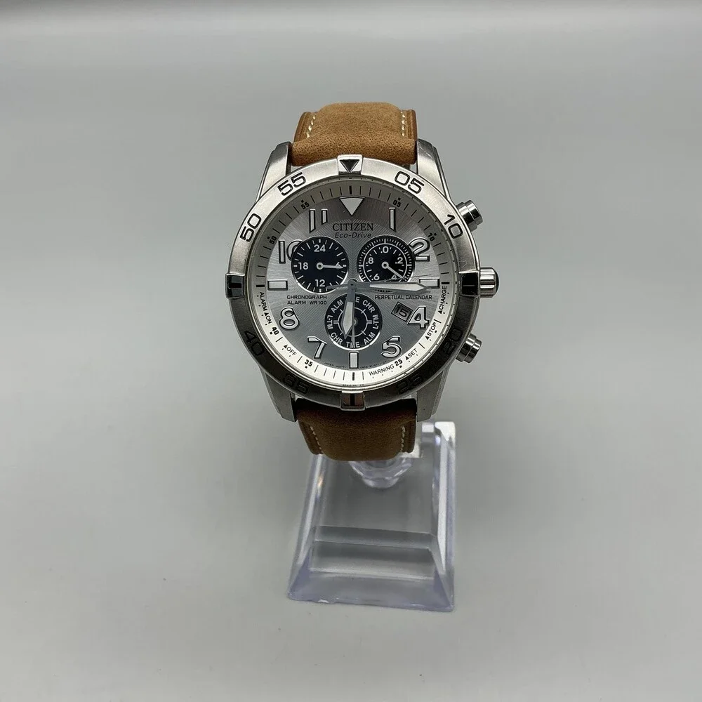Citizen Eco-Drive Brycen Mens Watch 43mm Silver Tone Brown Leather Chronograph